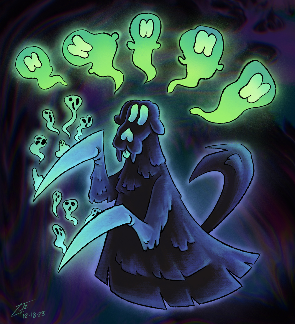 A ghost that resembles an afghan hound skeleton with a flowing pelt and two scythe-like forearms.