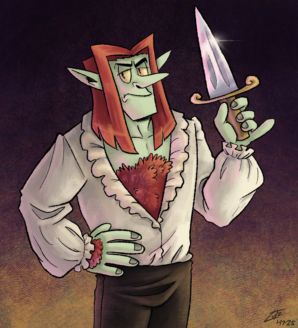 A long-haired vampire holding a cinquedea.