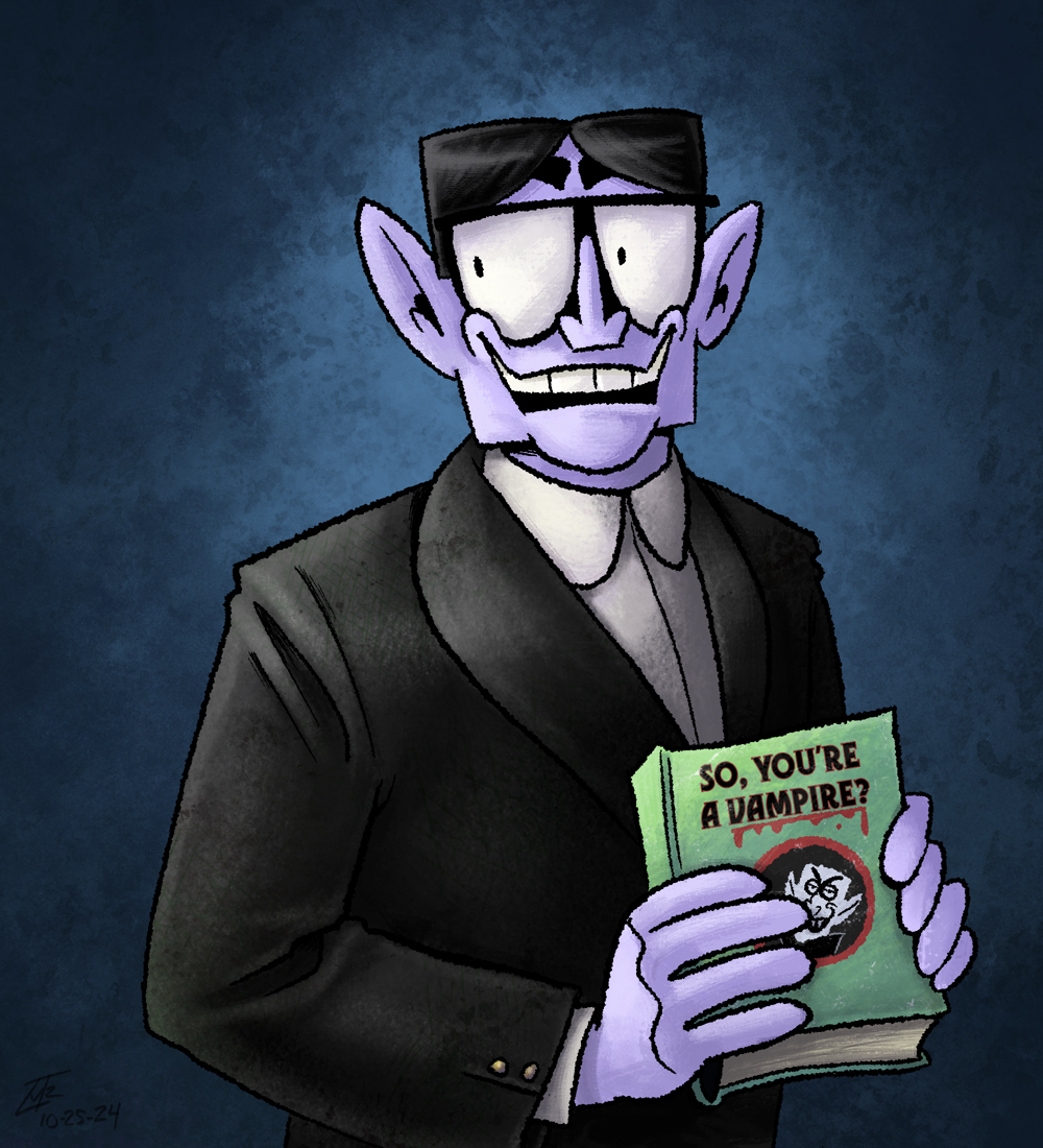 A bespectacled vampire in a worn tuxedo, holding a book.