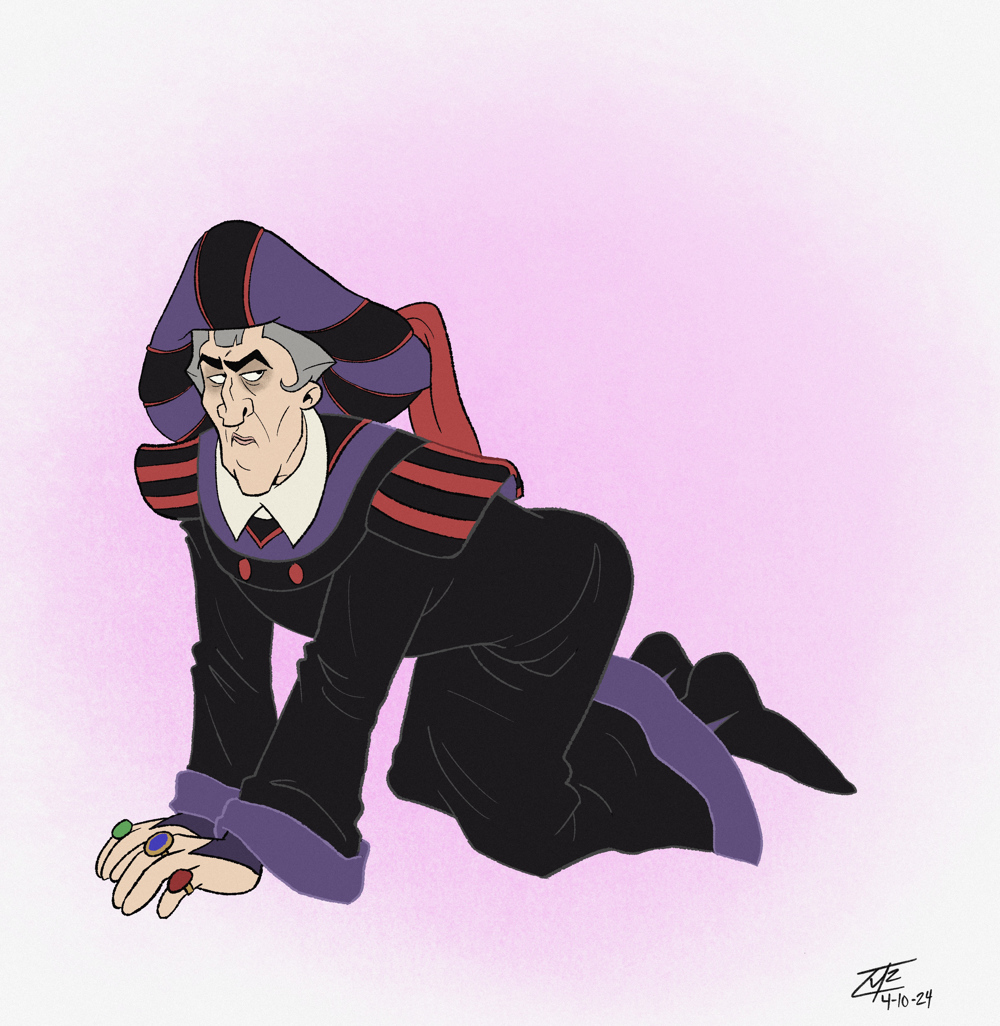 Judge Claude Frollo posing on his hands and knees.