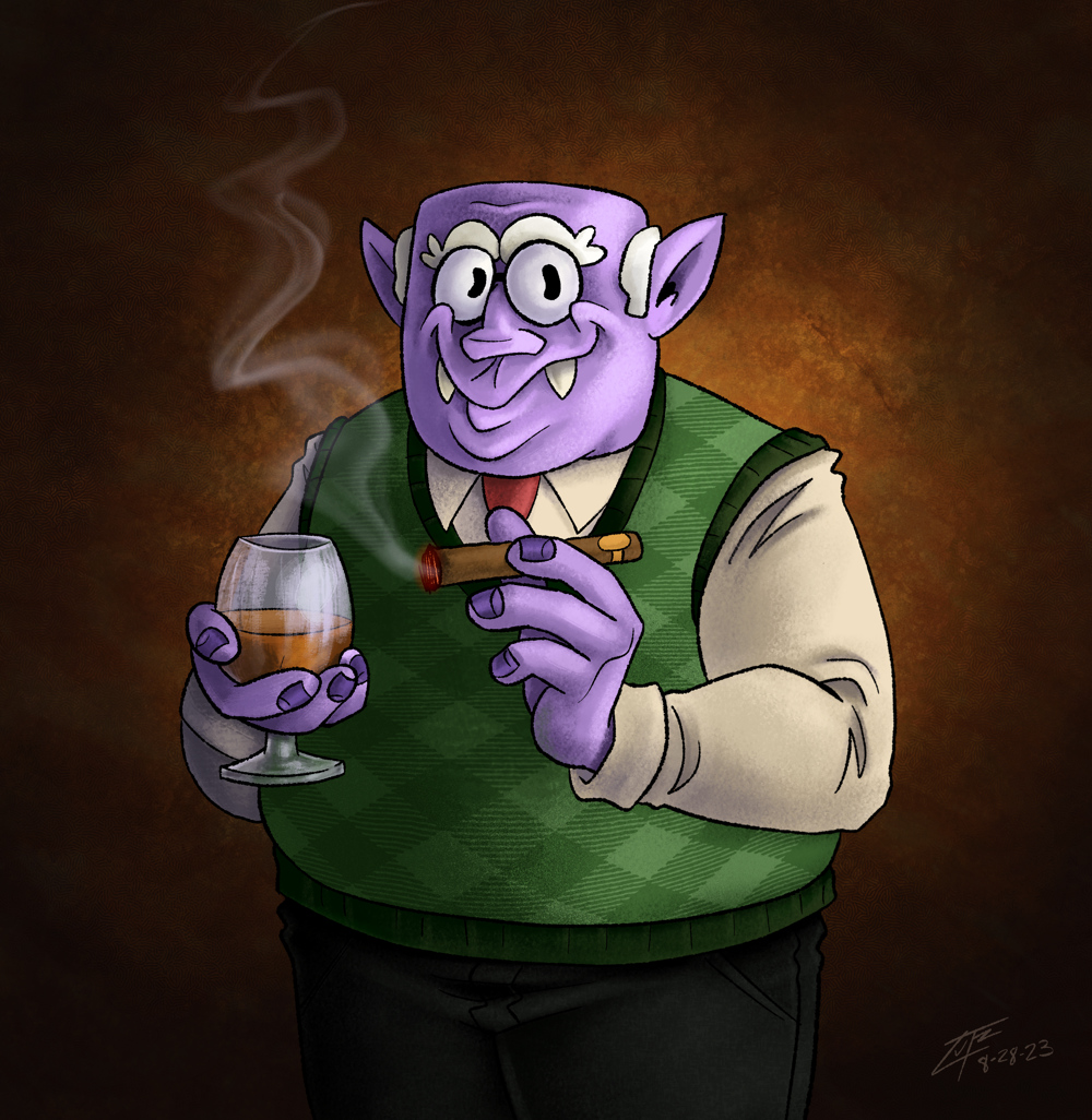 A fat elderly vampire holding a brandy glass.