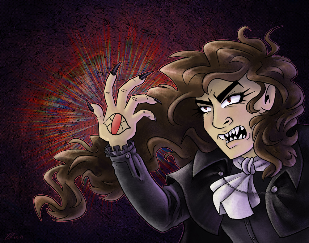 A long-haired vampiress snarling with a magical symbol on her hand.