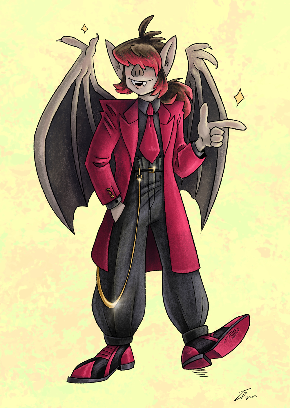 An anthropomorphic bat wearing a zoot-suit and striking a pose