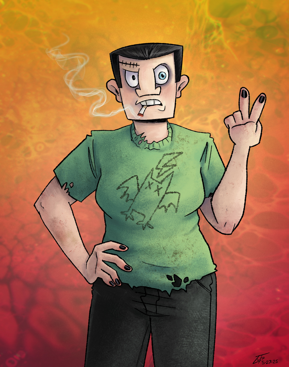 A young butch woman giving the V-sign.