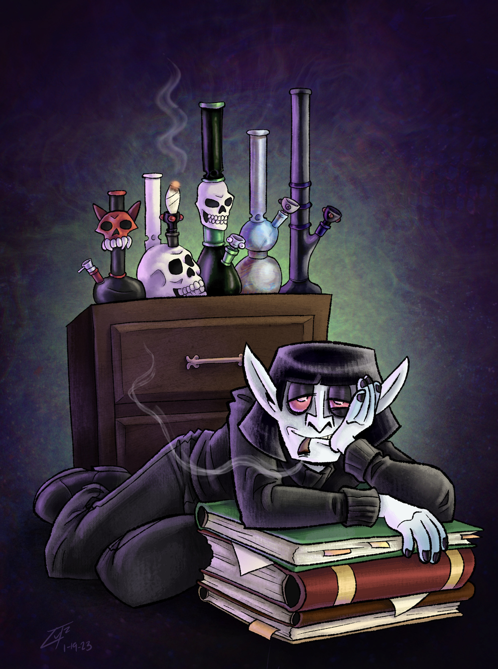 A vampire with a pageboy haircut lying on a pile of books, with several bongs behind him.