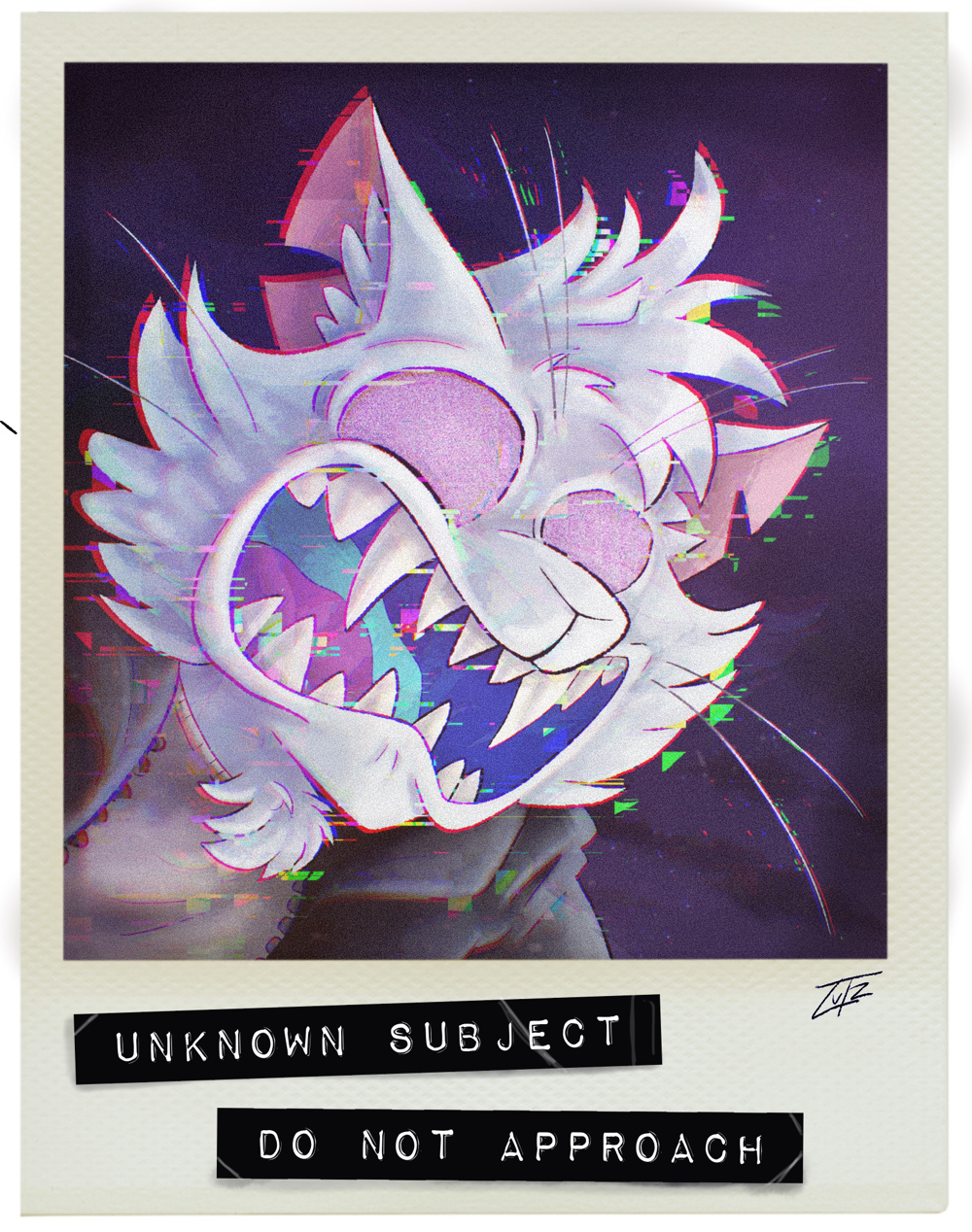 A white catlike creature snarling in a found-footage esque scene.