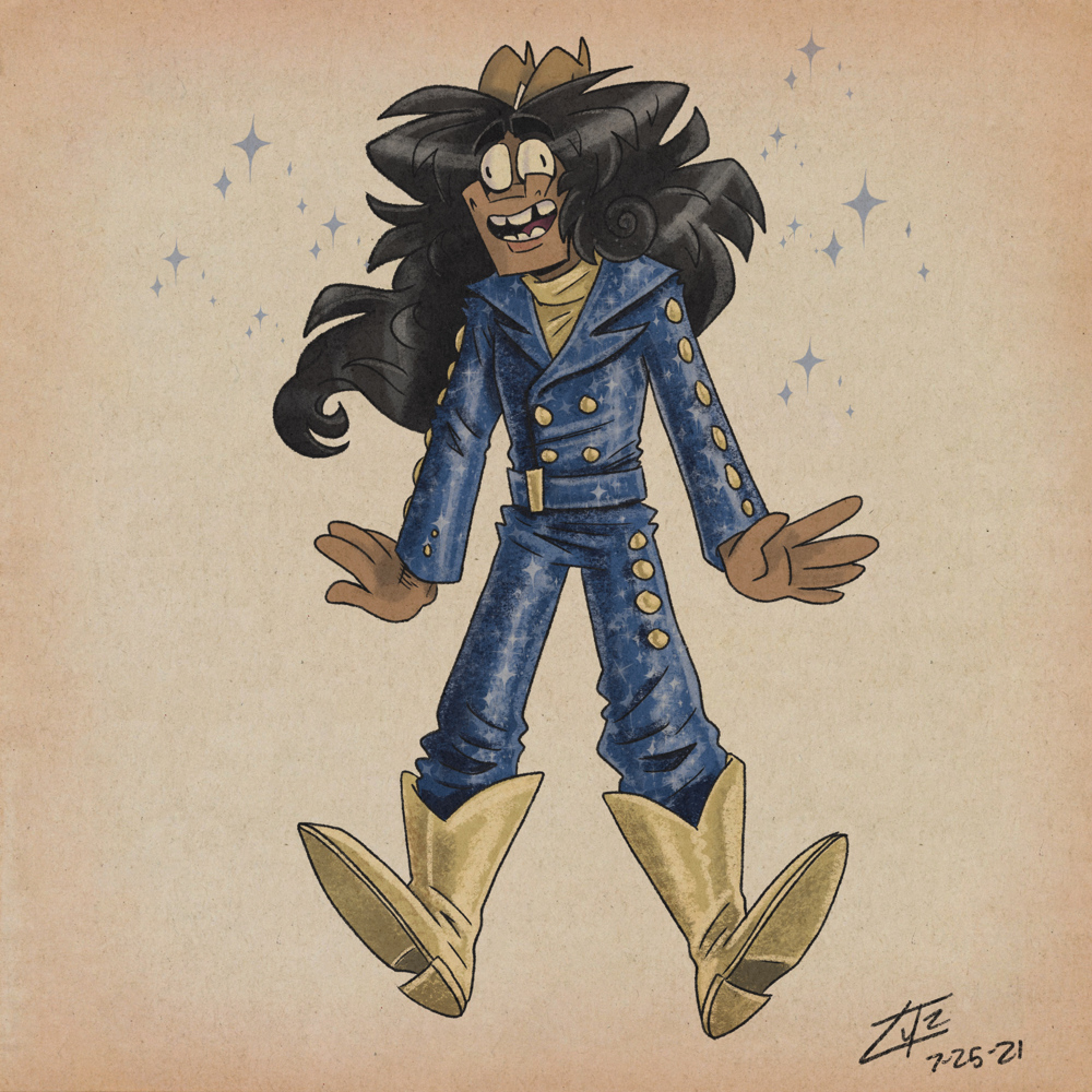 Gideon wearing one of Tiny Tim's stage costumes.