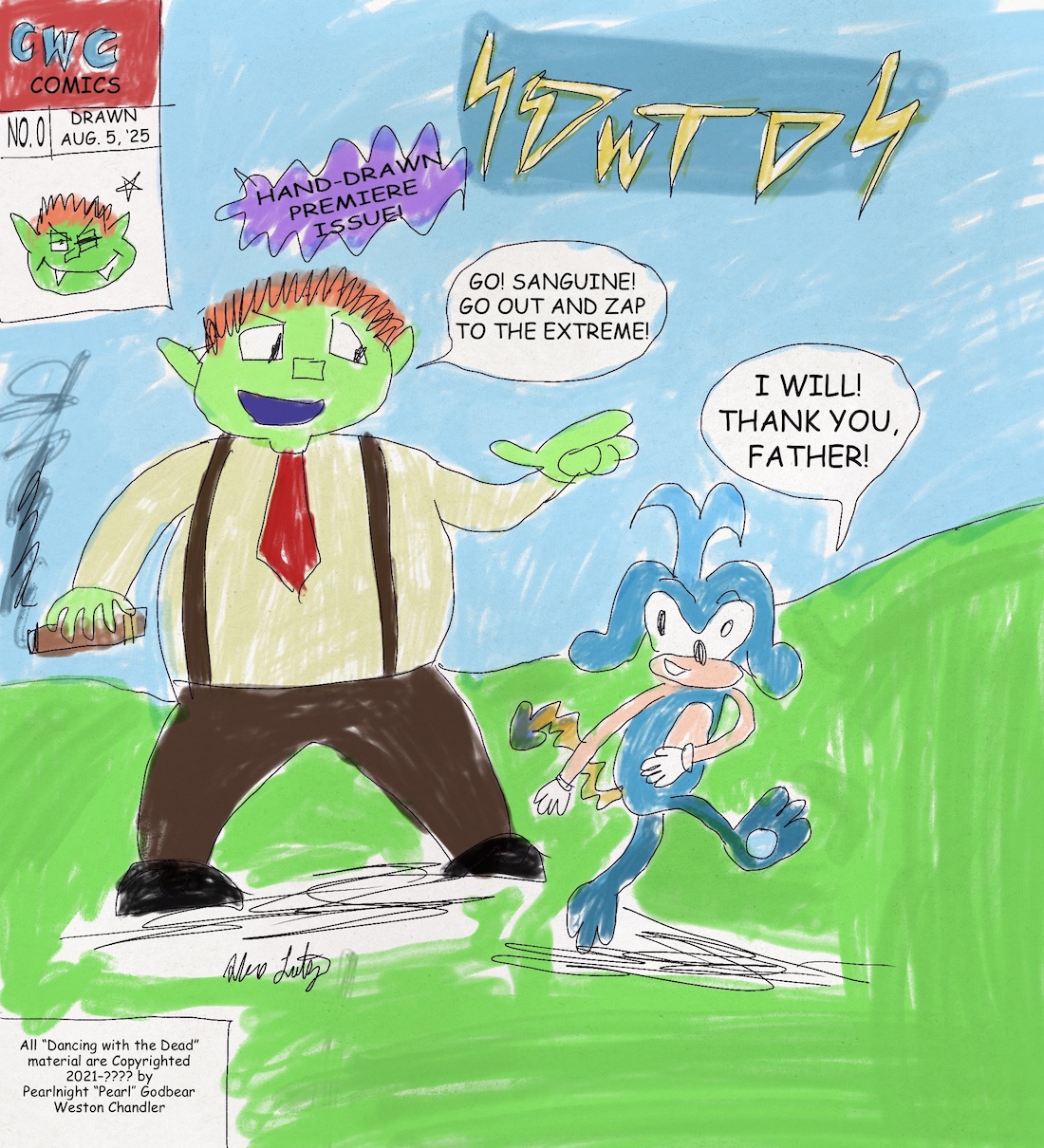 Absolutely putrid shitpost I drew for Pearlnight of her character August and her fursona Sanguine in the "style" of Sonichu Issue 0.