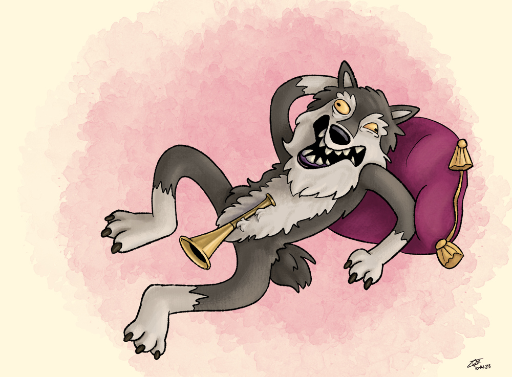 A poorly-stuffed taxidermy wolf lying in pinup pose, with a hunt-horn between its legs.