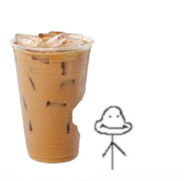 An iced coffee next to a simple stick-figure drawing of a smiling cloud creature