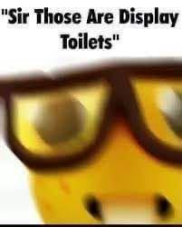 A cursed yellow emoji wearing sunglasses, captioned 'Sir Those Are Display Toilets'