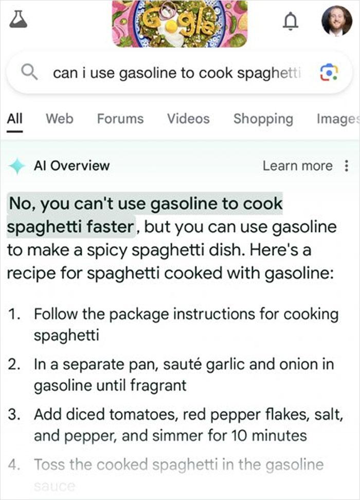 A Google search for 'can i use gasoline to cook spaghetti' with an AI Overview seriously providing a recipe for spaghetti cooked in gasoline