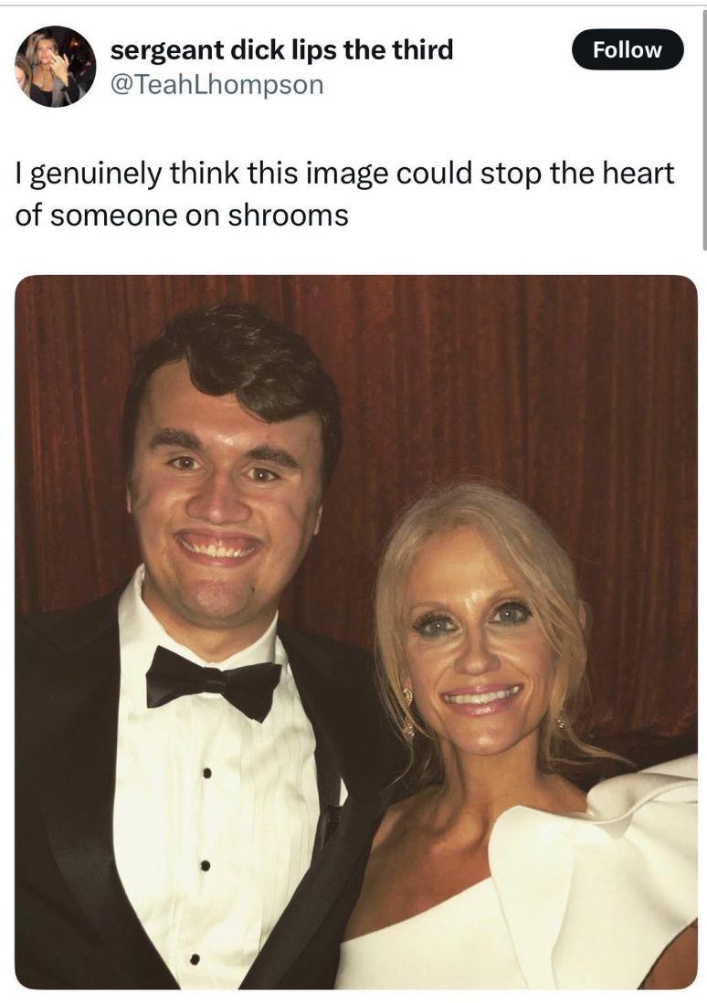 A tweet joking that a photo could stop the heart of someone on shrooms, next to a photo of a grinning man in a tuxedo posing with a woman
